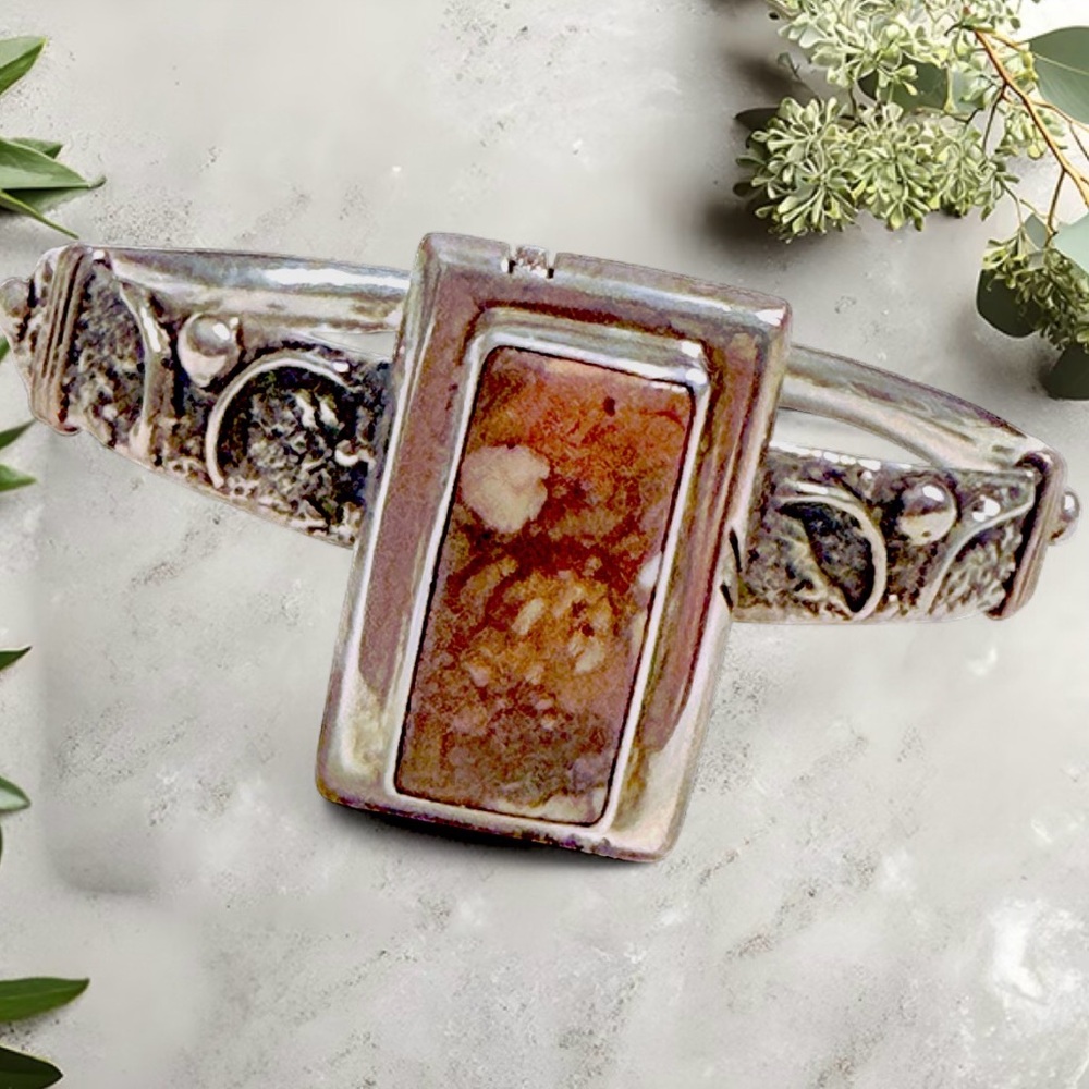 Vintage Navajo Sterling Silver Jasper Cuff Bracelet Signed B Hallmark .925 - Picture 2 of 9
